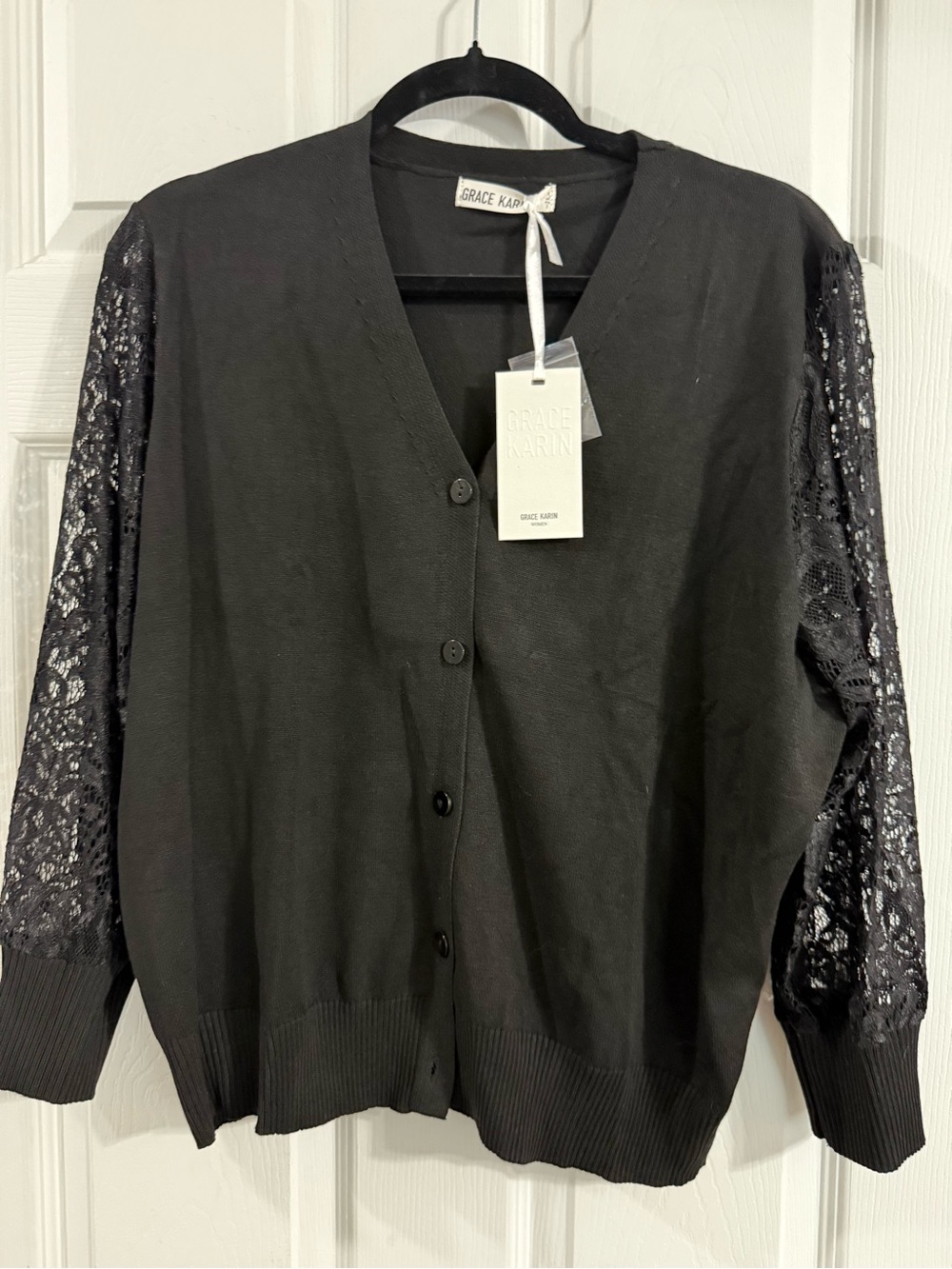 Grace Black Lace-Sleeve Button Cardigan